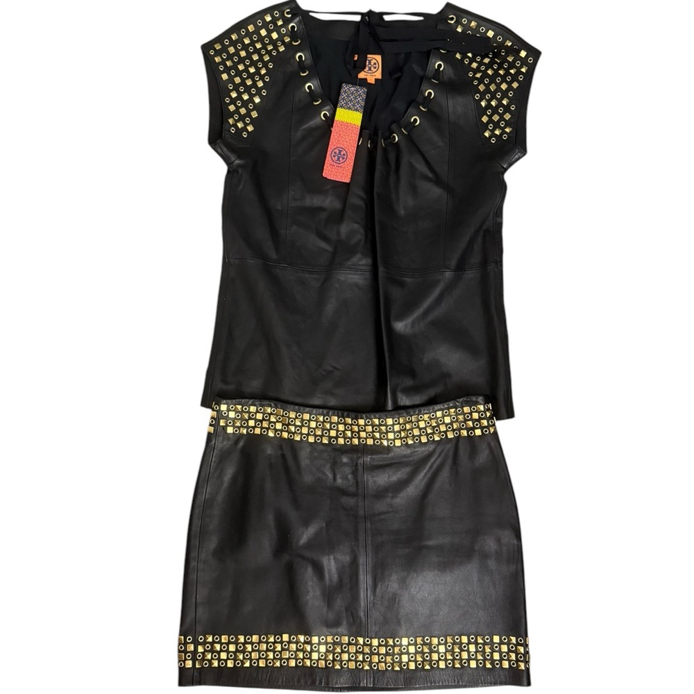 Tory Burch Gold Studded Black Leather Mini Skirt Set